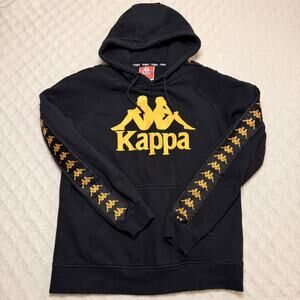 Vintage Y2K Kappa Men's Hoodie Large Black Yellow Repeating Pullover Long Sleeve